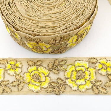 Yellow and Gold Floral Embroidery Trimming, Embroidered Roses Flowers Trim, Sheer Fabric Lace
